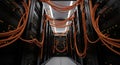 Aisle Of Server Racks In A Data Center With Many Orange Network Cables Royalty Free Stock Photo