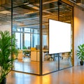 Interior view of modern office space with glass walls and a blank white display screen inside room Royalty Free Stock Photo