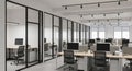 Open Plan Office Interior with Cubicles, Desks, and Glass Partition Walls workspace Royalty Free Stock Photo