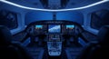 Interior view of a modern private jet cockpit illuminated with blue ambient lighting Royalty Free Stock Photo