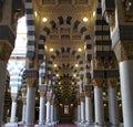 Interior view of Nabawi Mosque Prophet Mosque building in Medina. Selective focus