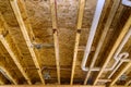 Interior view of a new house under construction framing the beams stick Royalty Free Stock Photo