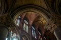 Interior view of Notre-Dame Cathedral, French Gothic architecture in Paris.