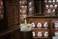 Interior view of an old pharmacy with Bottles on the shelf Royalty Free Stock Photo