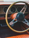 Interior view of old vintage car. View on dashboard of classic car