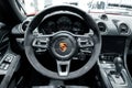 Interior view of the Porsche 718 Boxster GTS sports car at the Paris Motor Show. France - October 3, 2018 Royalty Free Stock Photo
