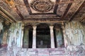 Interior view of Ravanaphadi rock-cut temple, Aihole, Bagalkot, Karnataka. Exquisitely carved ceiling of both the matapas, carved Royalty Free Stock Photo