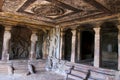 Interior view of Ravanaphadi rock-cut temple, Aihole, Bagalkot, Karnataka. Exquisitely carved ceiling of the matapa, dancing Shiva Royalty Free Stock Photo