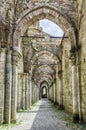 Interior view of the roofless Abbey of San Galgano, Italy