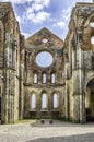 Interior view of the roofless Abbey of San Galgano, Italy