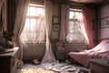 interior view of a room with a damaged window and curtains