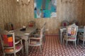 Interior view of a room with traditional furniture from Western India. Restaurant room with a beautiful interior. Luxury