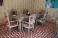 Interior view of a room with traditional furniture from Western India. Restaurant room with a beautiful interior. Luxury