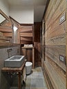 interior view of a rustic bathroom with wainscoting