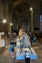 Interior view of the Saint-Malo cathedral showing the nave and cathedral bells on display