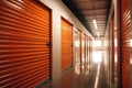 Interior view of a self storage units. Individual storage unit metal roll up doors. Generative Ai Royalty Free Stock Photo
