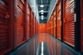 Interior view of a self storage units. Individual storage unit metal roll up doors. Generative Ai Royalty Free Stock Photo