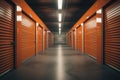 Interior view of a self storage units. Individual storage unit metal roll up doors. Generative Ai Royalty Free Stock Photo