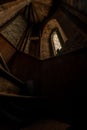 Spiral Staircase + Stone & Brick Walls + Stained Glass Window - Abandoned St. Joseph Catholic Church - Albany, New York Royalty Free Stock Photo