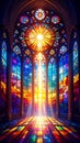 Interior View of Stained Glass Window with Sunlight Streaming Through Royalty Free Stock Photo