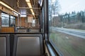 Interior vintage retro old wooden tram or train in Germany. Royalty Free Stock Photo