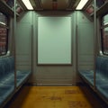 Interior view of a subway car with seats and a blank billboard for advertisement space inside the train Royalty Free Stock Photo