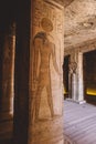 Interior View to the Great Temple at Abu Simbel with Ancient Egyptian Pillars and Drawing on the Walls Royalty Free Stock Photo