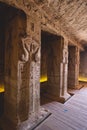 Interior View to the Great Temple at Abu Simbel with Ancient Egyptian Pillars and Drawing on the Walls Royalty Free Stock Photo