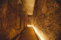 Interior View to the Great Temple at Abu Simbel with Ancient Egyptian Pillars and Drawing on the Walls Royalty Free Stock Photo