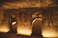 Interior View to the Great Temple at Abu Simbel with Ancient Egyptian Pillars and Drawing on the Walls Royalty Free Stock Photo