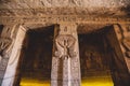 Interior View to the Great Temple at Abu Simbel with Ancient Egyptian Pillars and Drawing on the Walls Royalty Free Stock Photo