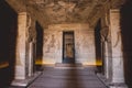 Interior View to the Great Temple at Abu Simbel with Ancient Egyptian Pillars and Drawing on the Walls Royalty Free Stock Photo