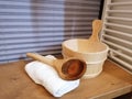 Interior view of a traditional sauna with some equipment