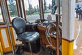 Interior view of a vintage Lisbon tram. Royalty Free Stock Photo