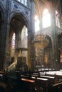 Interior view of the Votivkirche church in Vienna, Austria illuminated by the warm glow of the sun