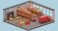 Isometric 3D Warehouse with Delivery Truck and Storage Racks Royalty Free Stock Photo