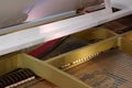 Close up view of the interior of a grand white piano with strings body