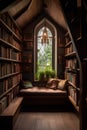 Interior of a vintage library with bookshelves. 3D rendering