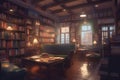 Interior of a vintage library with bookshelves. 3D rendering