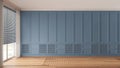 Interior walk-in closet, simple classic style in blue tones. Window with blinds. Empty room design, wardrobe background with Royalty Free Stock Photo
