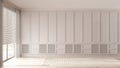 Interior walk-in closet, simple classic style in white tones. Window with blinds. Empty room design, wardrobe background with Royalty Free Stock Photo