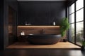 luxury modern bathtub wood bathroom furniture black interior indoor home design. Generative AI. Royalty Free Stock Photo