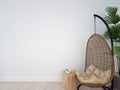 Interior wall mock up with chair, coffee table and plant in living room with empty white wall. 3d image