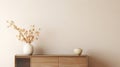 Interior wall mock up with two flower vases, wooden cabinet and beige wall Royalty Free Stock Photo