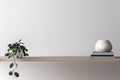 Interior wall mockup in minimalist style with trailing green plant and books, decoration on wooden shaelf on empty white wall back Royalty Free Stock Photo