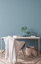 Interior wall mockup, natural wooden home office with green tree branch on empty blue wall