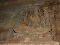 Interior, on the walls of ancient Kama Sutra temples in India kajuraho. UNESCO world heritage site. India`s most famous landmark. Royalty Free Stock Photo