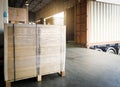 Interior of warehouse dock, Large pallet shipment boxes waiting to load into container truck