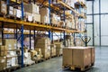 An interior of a warehouse with pallet truck. Royalty Free Stock Photo