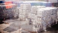 Interior warehouse. pallets with bottles stand in rows stock